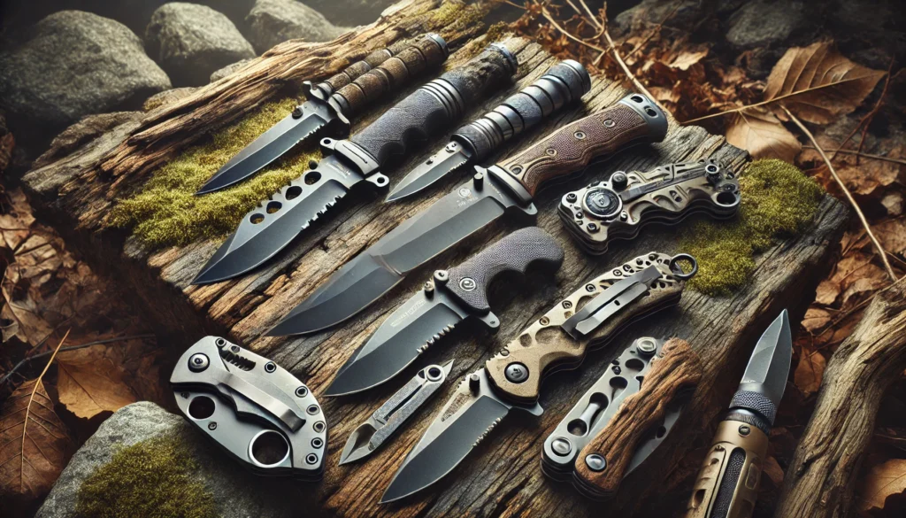 Zestaw noży survivalowych i taktycznych na tle leśnego podłoża z drewnem i kamieniami.