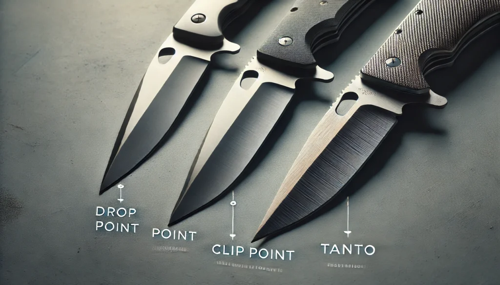 Porównanie typów ostrzy noży: drop point, clip point i tanto – widok z bliska na kształty i końcówki