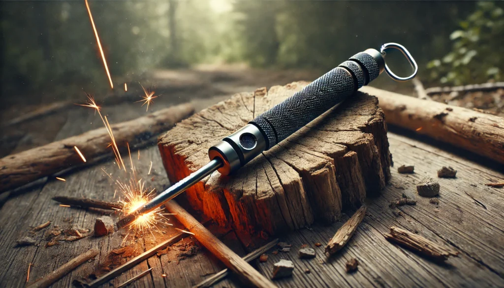 rzesiwo magnezowe z iskrownikiem na tle naturalnym, narzędzie survivalowe do rozpalania ognia