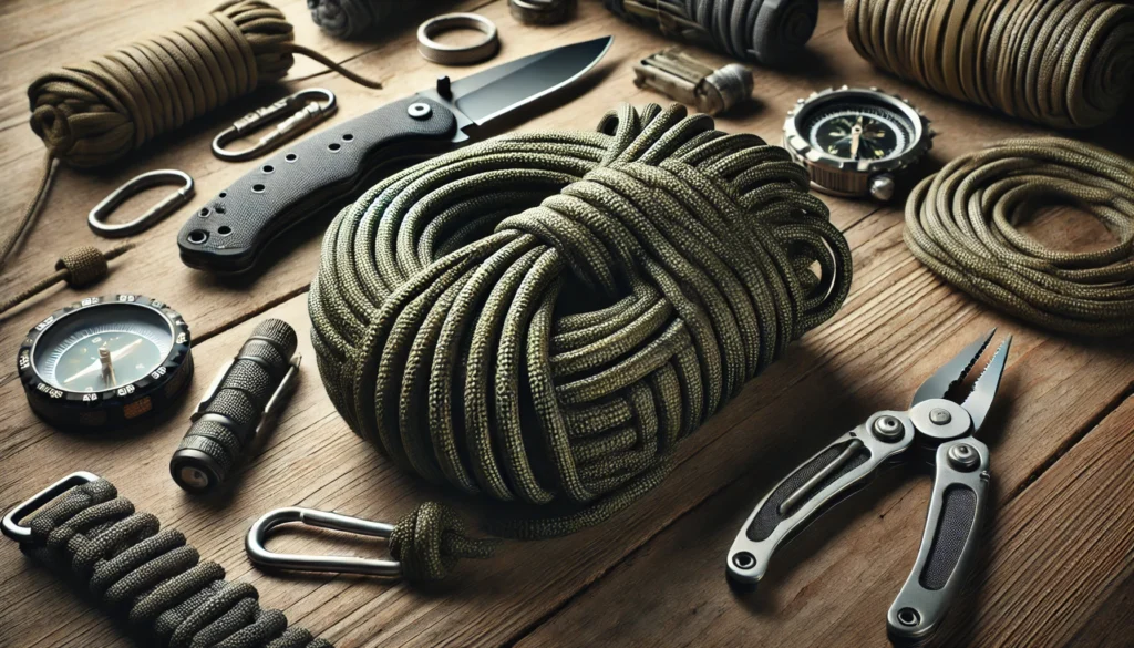 Zwinięta linka Paracord 550 w kolorze oliwkowym na tle outdoorowym z nożem i karabińczykiem