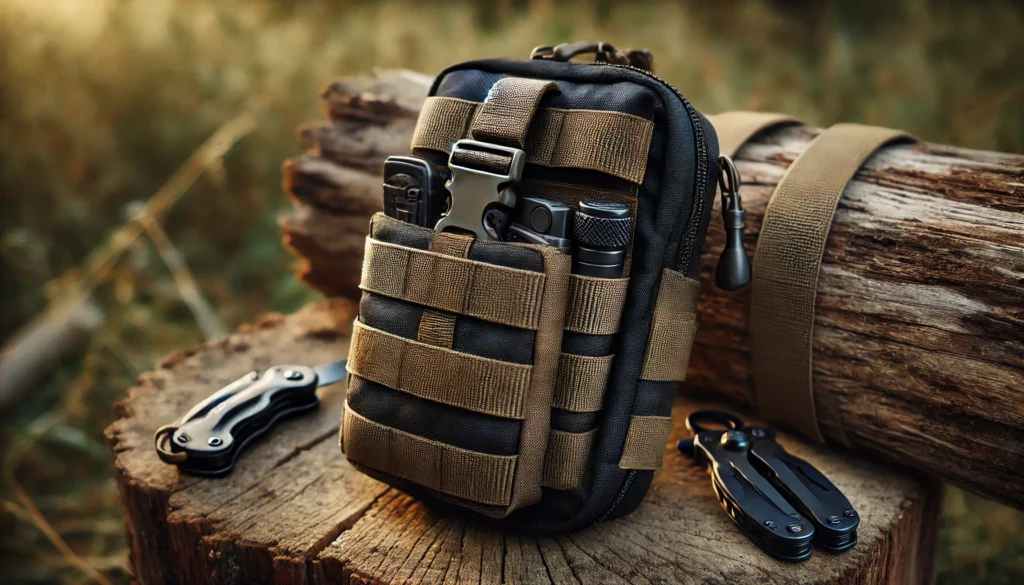 Etui taktyczne z systemem MOLLE na tle leśnym, z multitool’em i latarką EDC