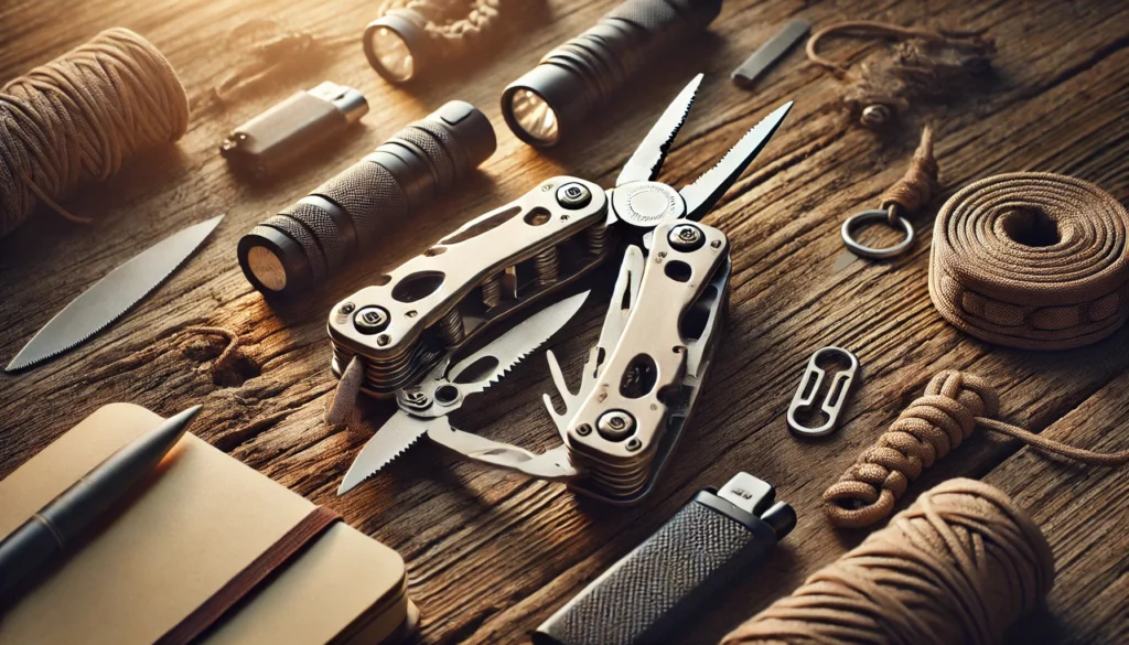 Multitool i akcesoria EDC na drewnianej powierzchni – latarka, paracord, zapalniczka i notatnik w tle.