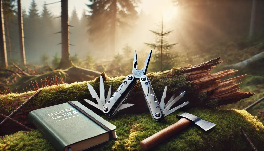 Multitool i toporek na omszałym pniu w lesie o świcie – symbol przetrwania i gotowości.