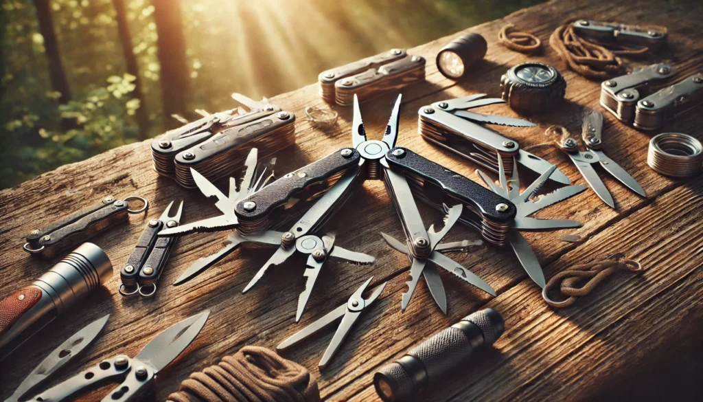 Różne rodzaje multitooli na drewnianej powierzchni z akcesoriami survivalowymi i EDC – latarka, kompas, paracord.