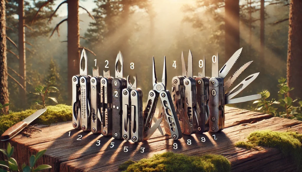 Ranking TOP 10 multitooli survivalowych ułożonych na drewnianym stole w lesie – numeracja i cechy każdego narzędzia.