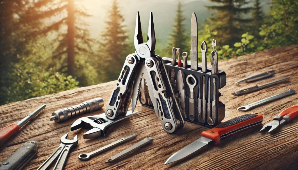 Multitool obok pełnego zestawu narzędzi na drewnianym stole w terenie – porównanie możliwości.