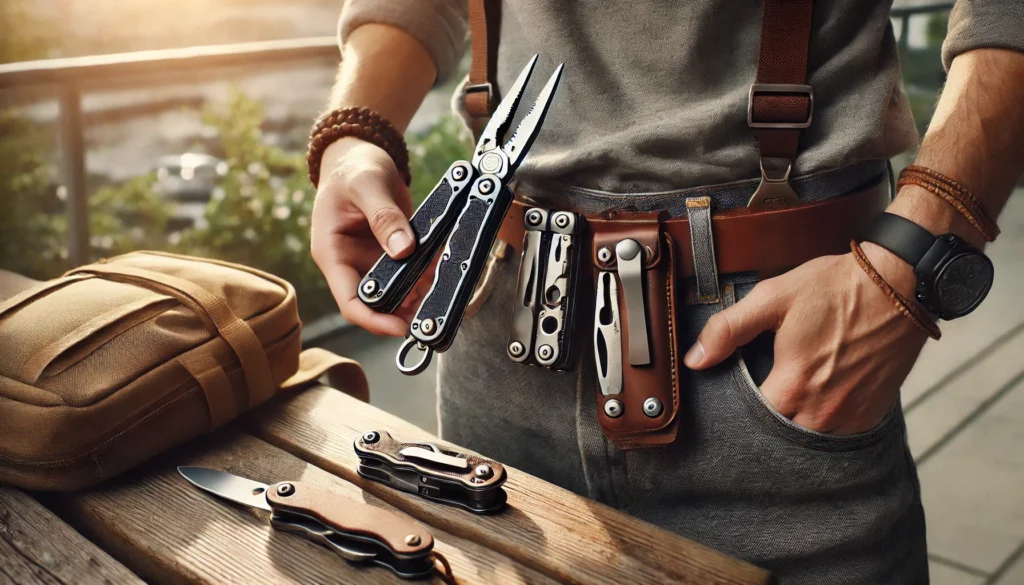 Multitool noszony w kaburze na pasku, z klipsem przy kieszeni i w plecaku – różne sposoby EDC.