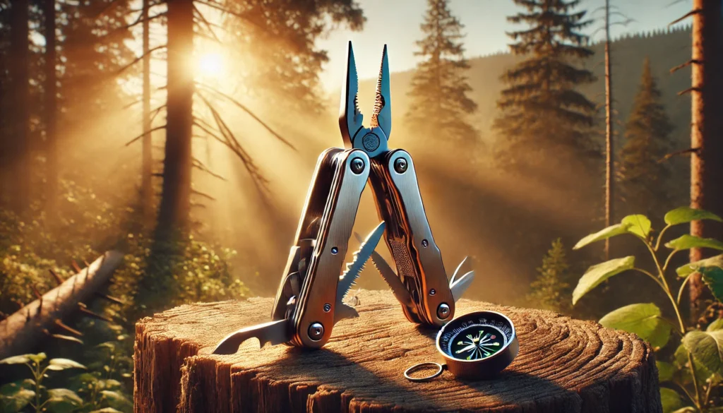 Multitool z kompasem i toporkiem na tle lasu o zachodzie słońca – symbol bezpieczeństwa i gotowości.