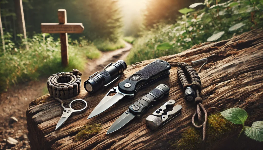 Multitool, latarka, nóż składany, bransoletka z paracordu i gwizdek na pniu przy leśnym szlaku – zestaw EDC w terenie.