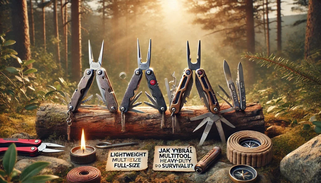 Trzy multitool'e na tle lasu z oznaczeniami: lekki, pełnowymiarowy, wytrzymały – porównanie do survivalu.