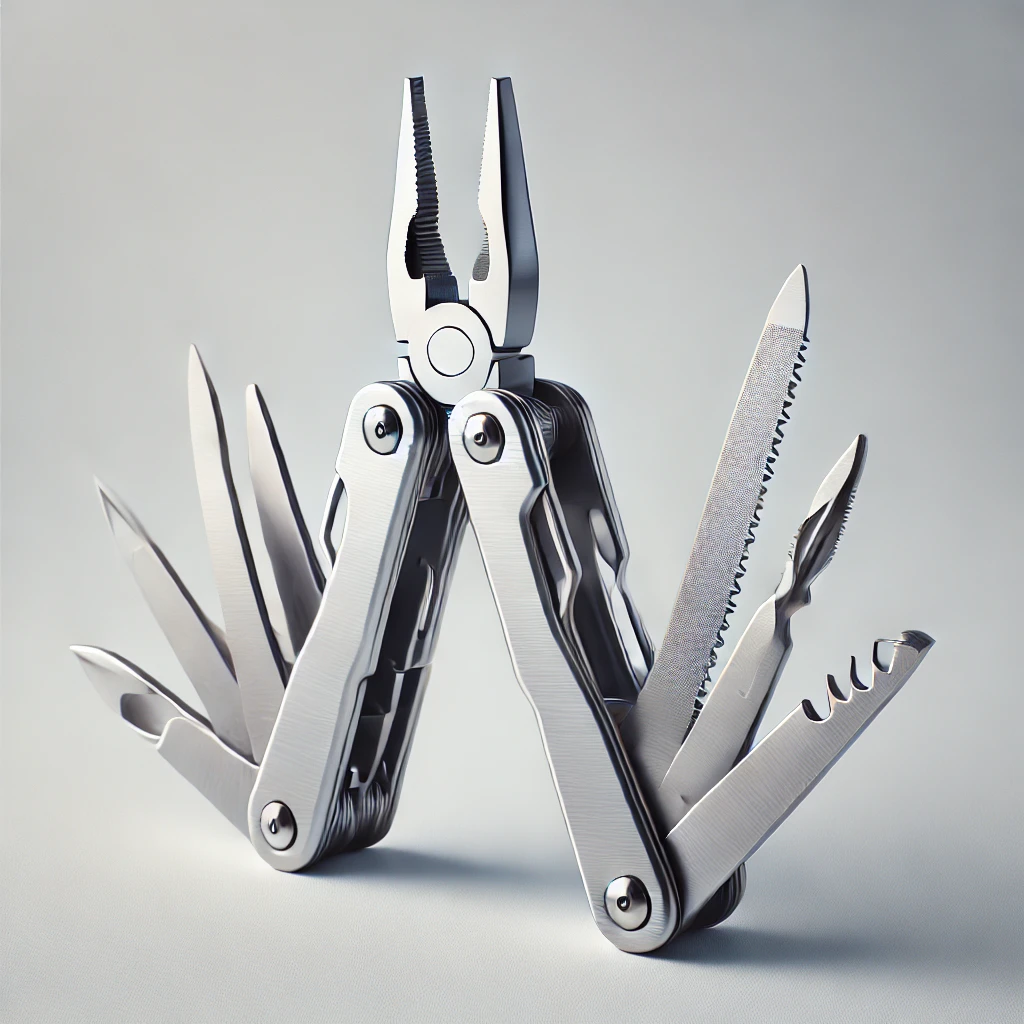 Nowoczesny srebrny multitool EDC – rozłożone narzędzie wielofunkcyjne z nożem, kombinerkami i śrubokrętem