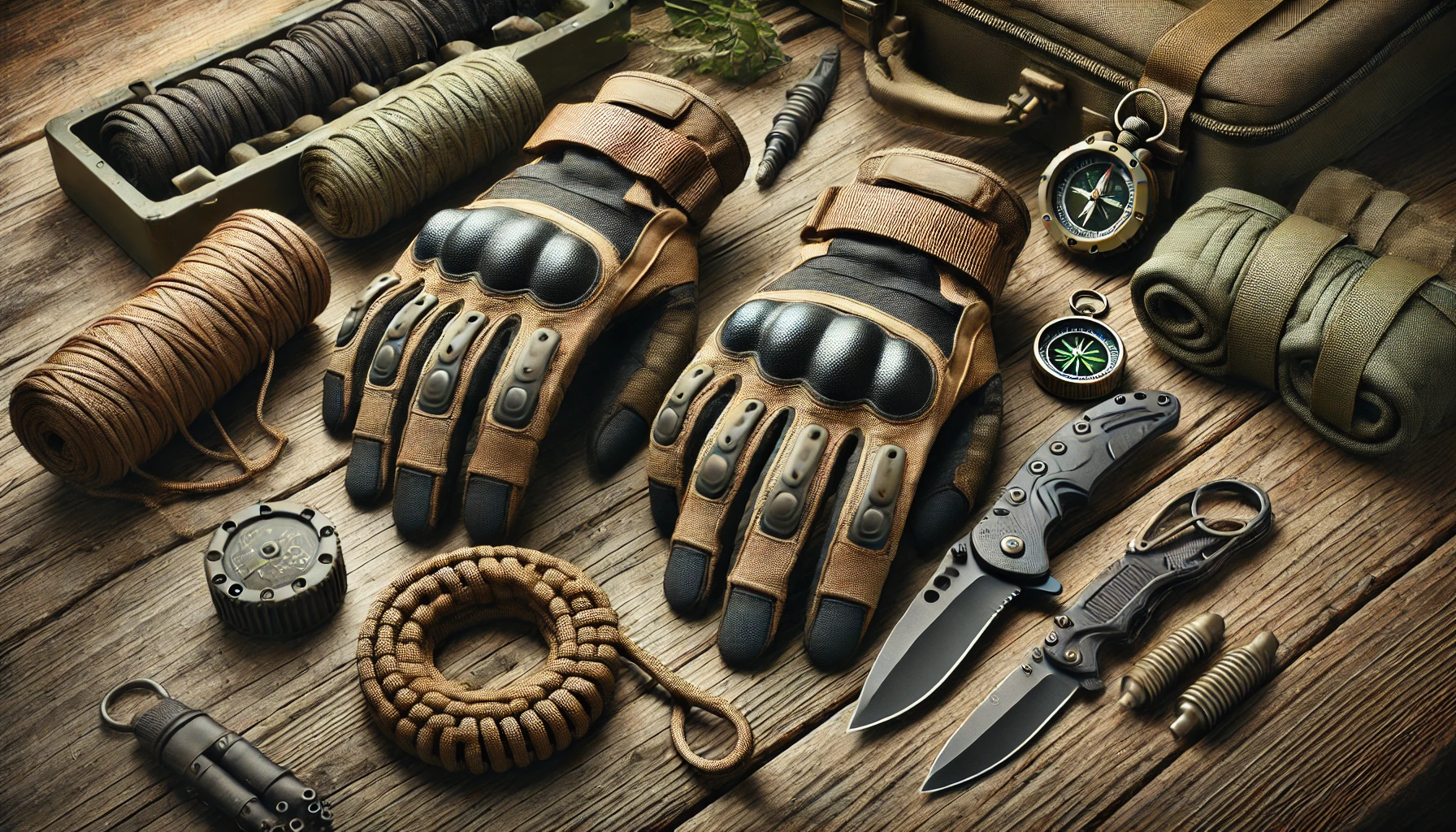 Rękawiczki taktyczne na drewnianej powierzchni z linką paracord i nożem survivalowym w tle